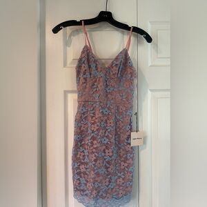 Superdown Floral Lace Mini Homecoming Dress in Pink and Blue